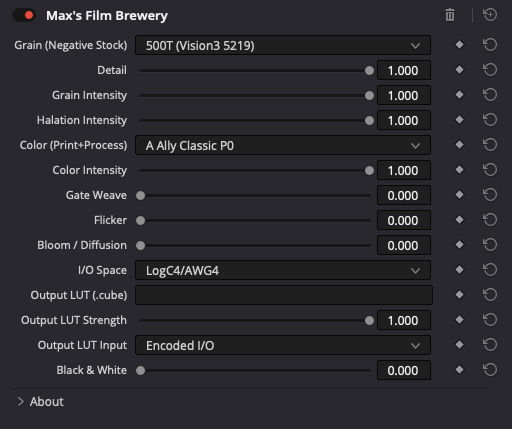 The Max's Film Brewery panel inside DaVinci Resolve — negative stock, grain, halation and print look controls
