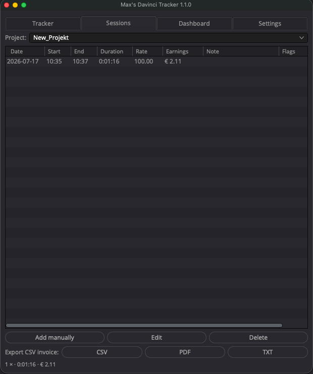 Sessions tab: a table of tracked sessions with date, duration, rate and earnings, plus CSV, PDF and TXT export buttons