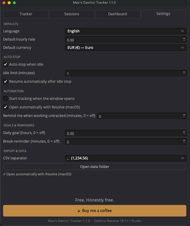 Settings tab: idle auto-stop, auto-resume, open automatically with Resolve, daily goal and break reminders