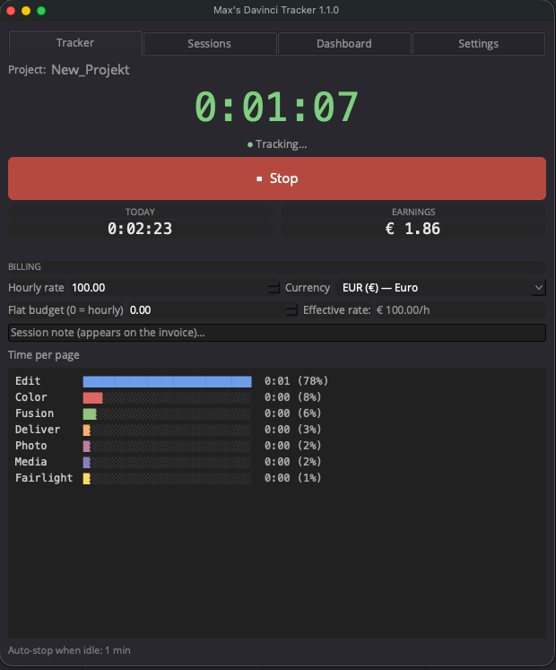 Max's Davinci Tracker window with a running timer, today's total, earnings and a time-per-page bar chart